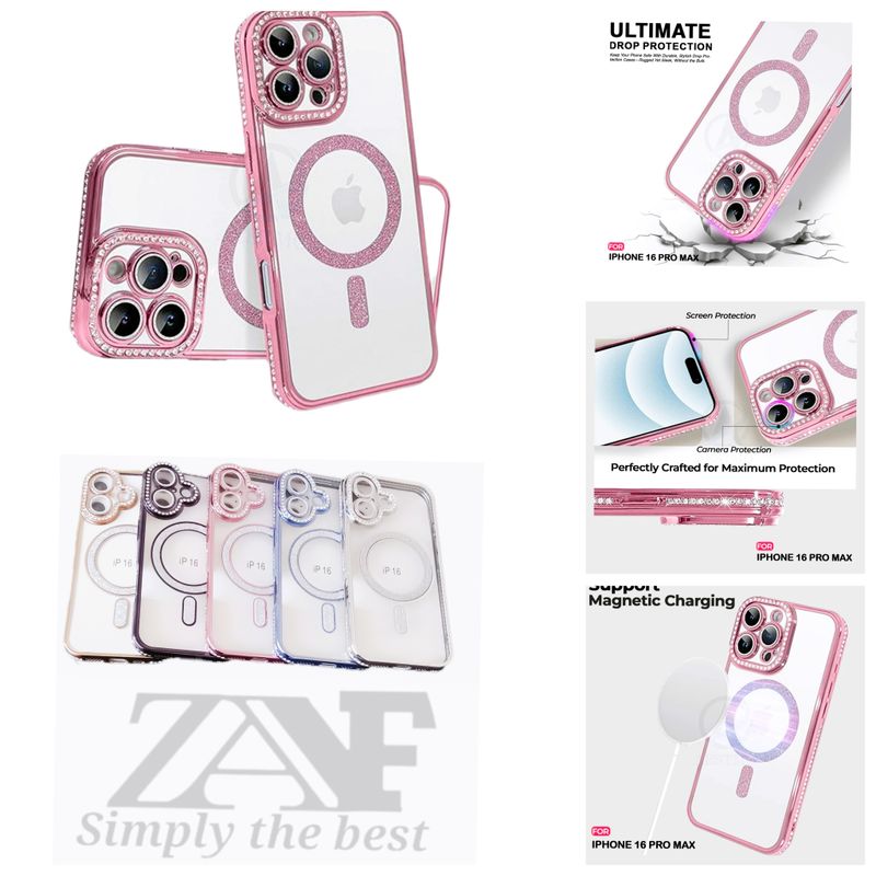 Iphone 16 pro max Rose goud Magsafe-hoesje met glitters en diamanten met cameralensbeschermer