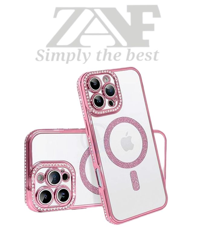 Iphone 16 pro max Rose goud Magsafe-hoesje met glitters en diamanten met cameralensbeschermer