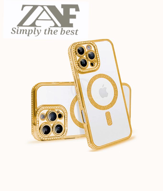 Iphone 16 pro max goude Magsafe-hoesje met glitters en diamanten met cameralensbeschermer