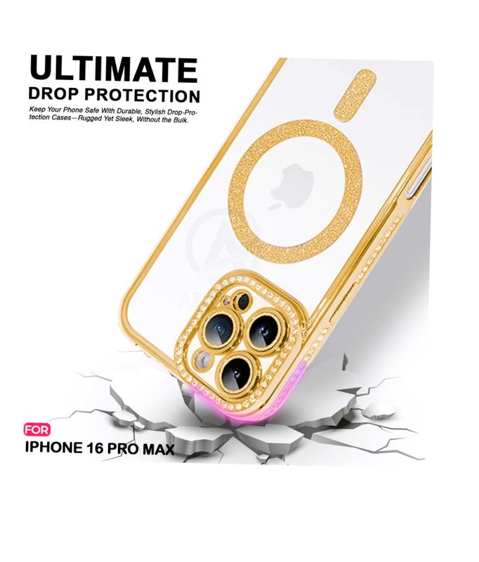 Iphone 16 pro max goude Magsafe-hoesje met glitters en diamanten met cameralensbeschermer