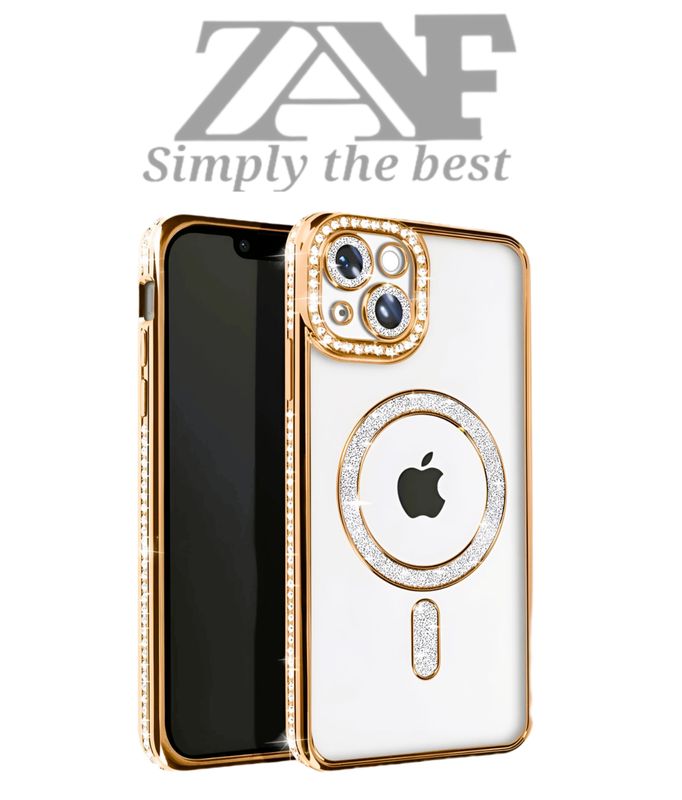 Iphone 15 goude Magsafe-hoesje met glitters en diamanten met cameralensbeschermer