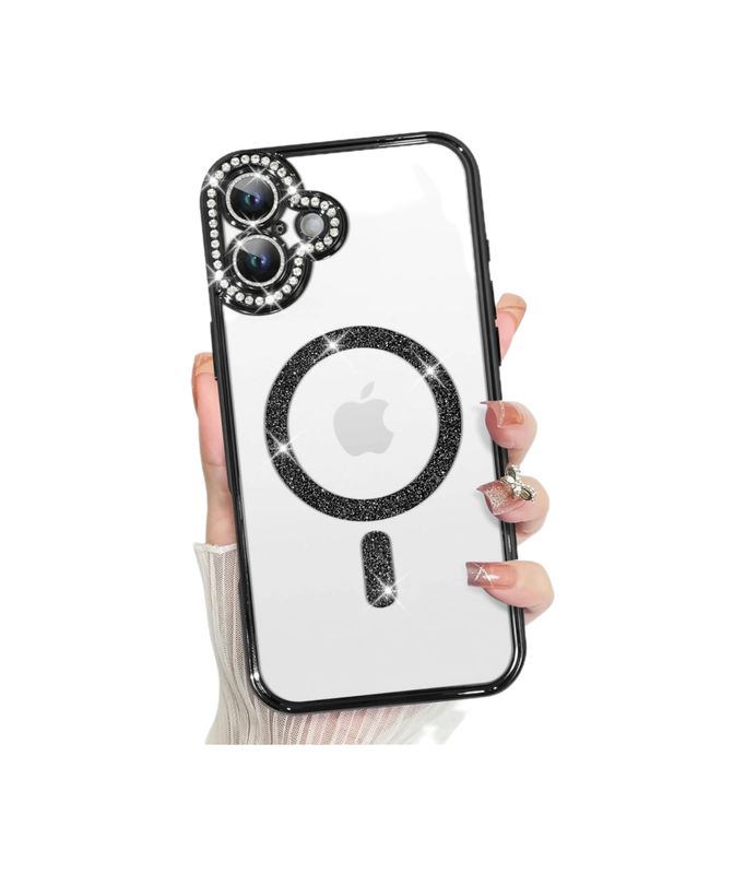 Iphone 16 Zwarte Magsafe-hoesje met glitters en diamanten met cameralensbeschermer