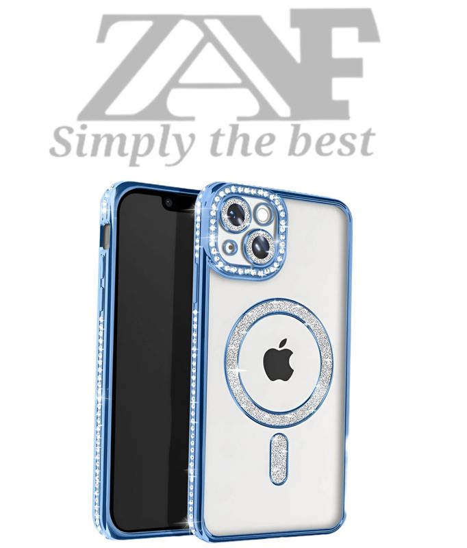 Iphone 15 Blauwe Magsafe-hoesje met glitters en diamanten met cameralensbeschermer
