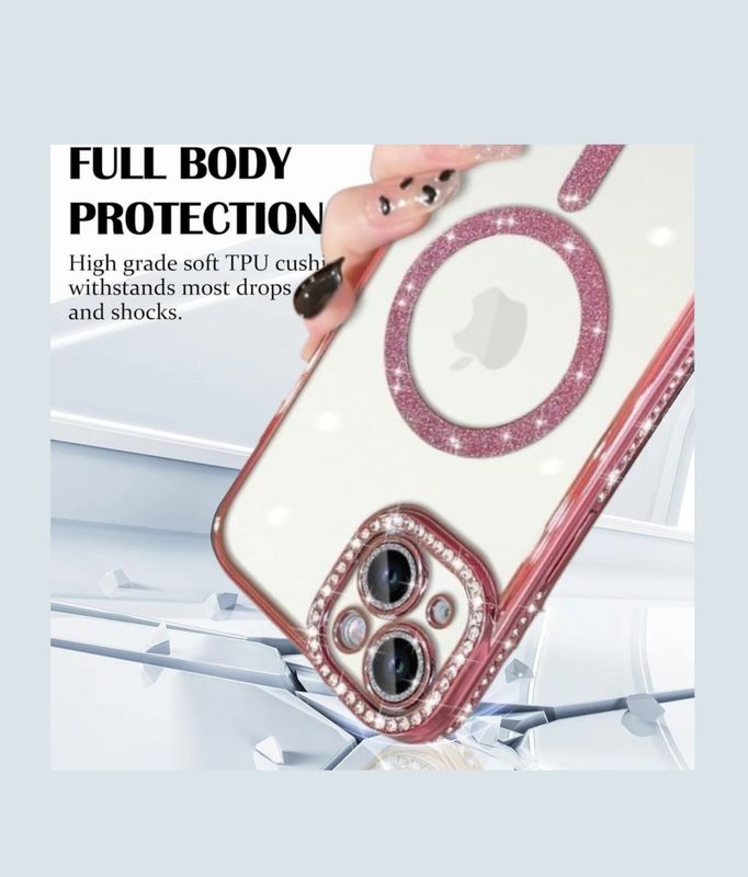 Iphone 15 Rose goude Magsafe-hoesje met glitters en diamanten met cameralensbeschermer