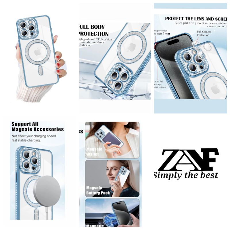 Iphone 16 pro max  Blauwe Magsafe-hoesje met glitters en diamanten met cameralensbeschermer