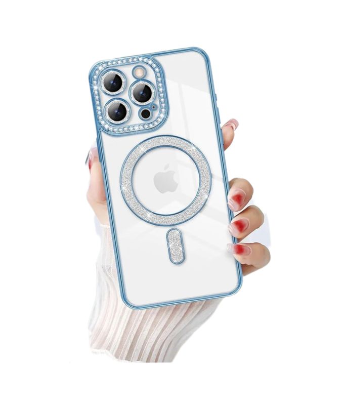 Iphone 16 pro max  Blauwe Magsafe-hoesje met glitters en diamanten met cameralensbeschermer