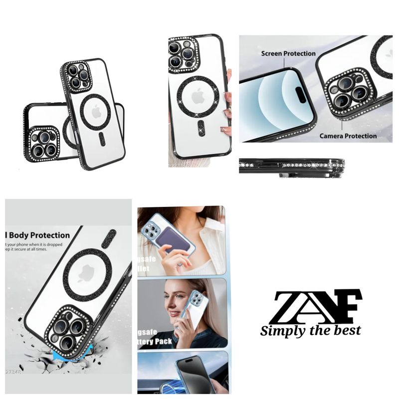 Iphone 16 pro max Zwarte Magsafe-hoesje met glitters en diamanten met cameralensbeschermer