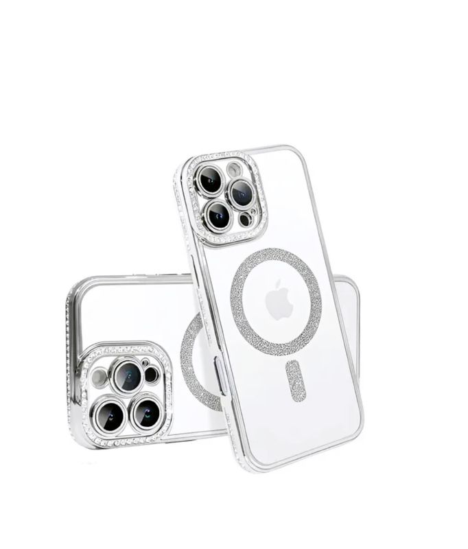 Iphone 16 pro max Zilver  Magsafe-hoesje met glitters en diamanten met cameralensbeschermer