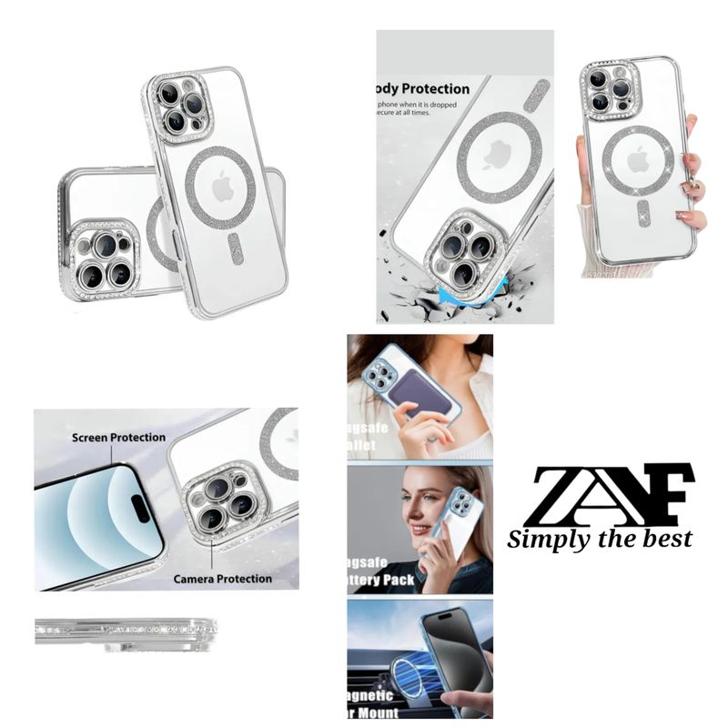 Iphone 16 pro max Zilver  Magsafe-hoesje met glitters en diamanten met cameralensbeschermer