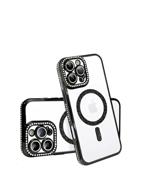 Iphone 16 pro Zwarte Magsafe-hoesje met glitters en diamanten met cameralensbeschermer