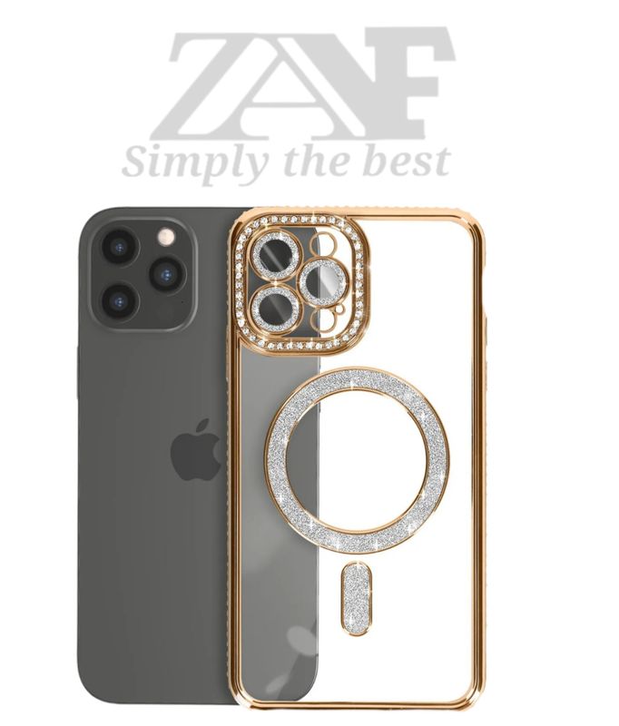Iphone 15 Pro Max goude Magsafe-hoesje met glitters en diamanten met cameralensbeschermer