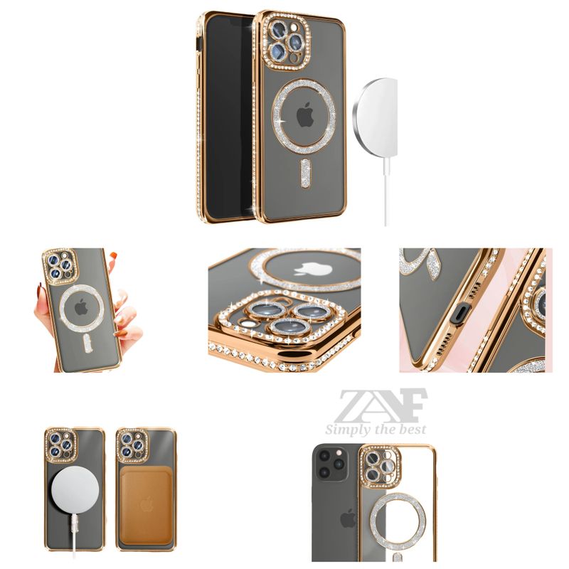 Iphone 15 Pro Max goude Magsafe-hoesje met glitters en diamanten met cameralensbeschermer