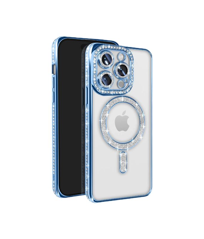 Iphone 15  pro max Blauwe Magsafe-hoesje met glitters en diamanten met cameralensbeschermer