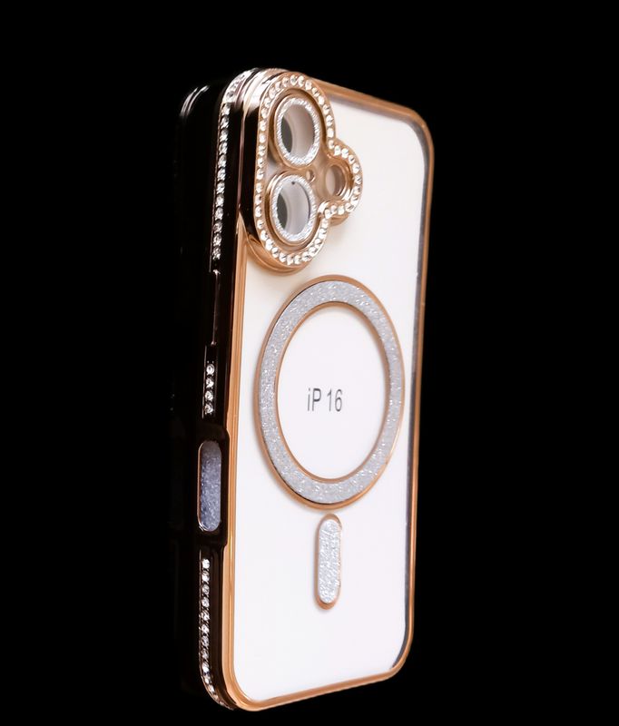 Iphone 16 goude Magsafe hoesje met glitters en diamanten met cameralensbeschermer