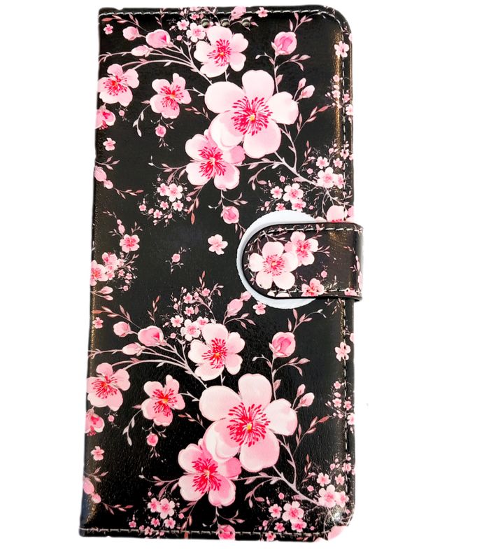 IPhone 16 Pro  Boek hoesje met kaarthouder en magnetische sluiting -Bloemen print zwarte achtergrond