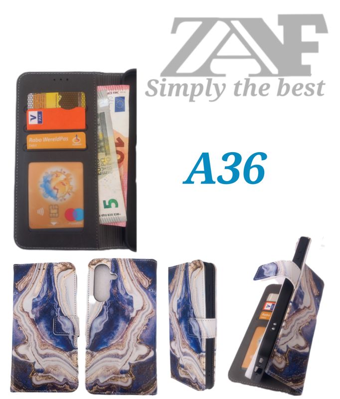 Samsung A36 boekhoesje met kaarthouder en magnetische sluiting in een Blauw Wit Marmer print