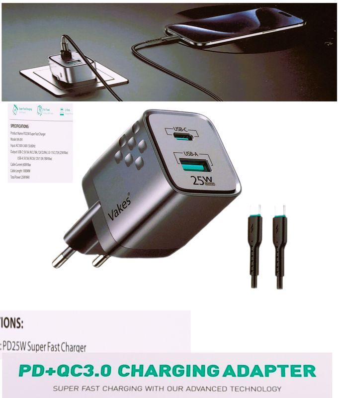 Vakes  supersnellader  met dual port USB-C PD 3.0 Max 25w USB-A Max 18w