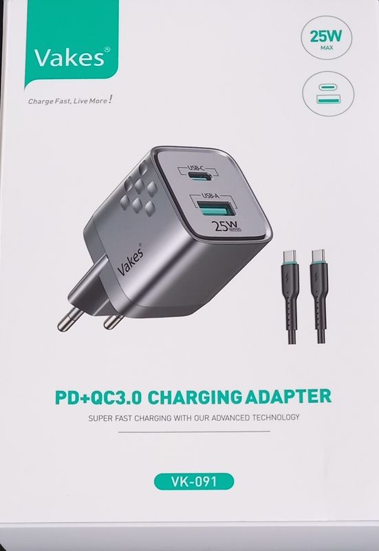 Vakes  supersnellader  met dual port USB-C PD 3.0 Max 25w USB-A Max 18w