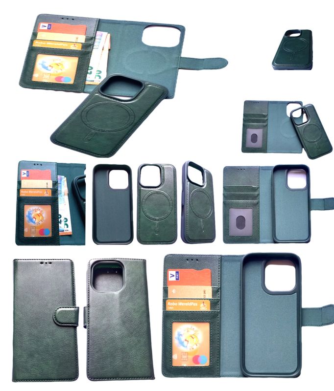 Iphone 16 Pro Groene  magnetische en afneembare boek hoesje geschikt voor magsafe (2 in1)