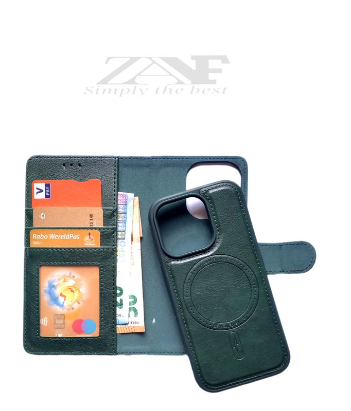Iphone 16 Pro Groene  magnetische en afneembare boek hoesje geschikt voor magsafe (2 in1)
