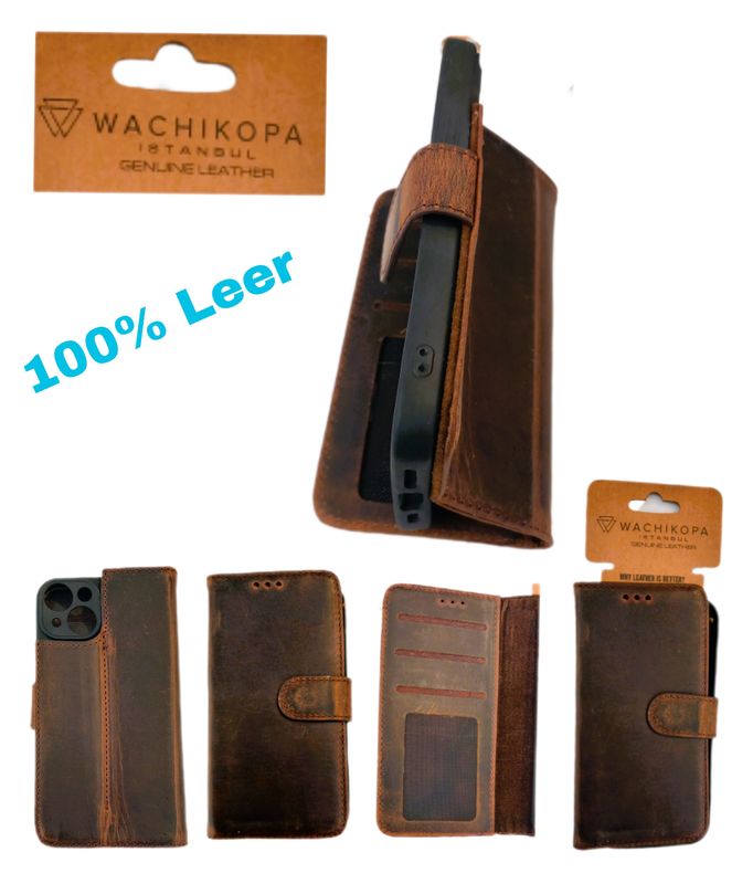 ​IPhone 13/14  Donker Bruine 100% leer Boek hoesje met kaarthouder   camera lensbeschermer en magnetische sluiting