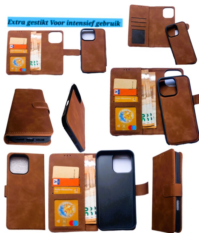Iphone 16 pro max Bruine  magnetische en afneembare boek hoesje    (2 in1)