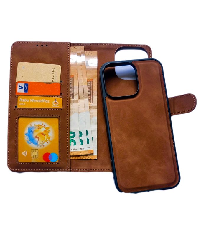 Iphone 16 pro max Bruine  magnetische en afneembare boek hoesje    (2 in1)