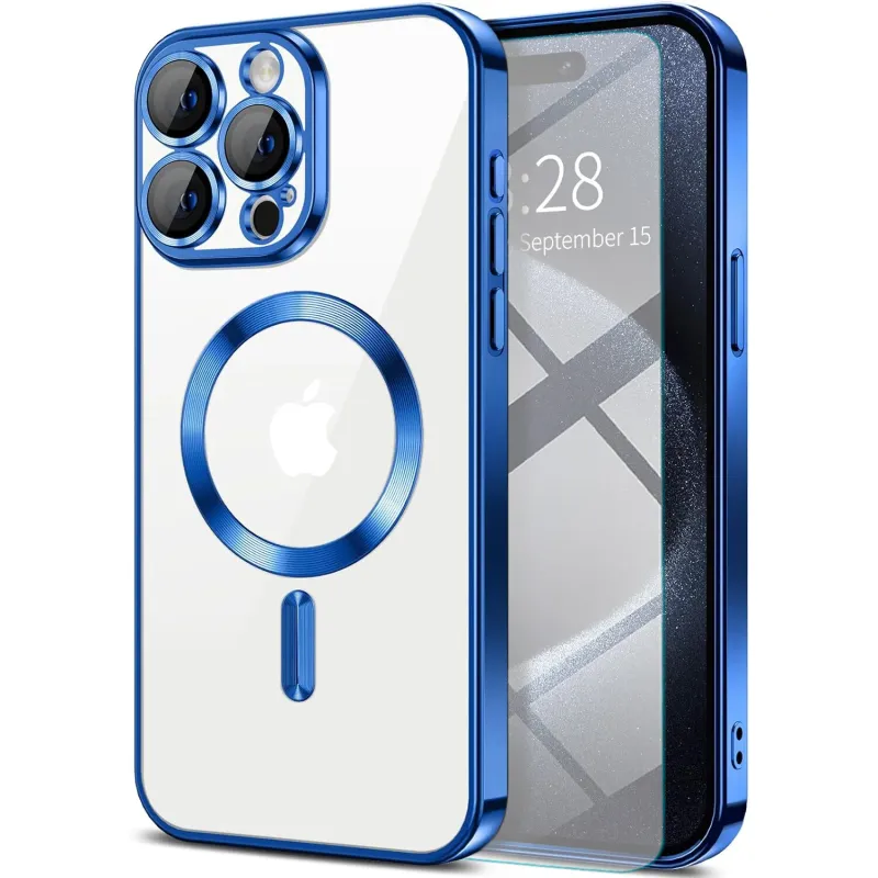 IPhone 15 Pro-Blauwe Magsafe hoesje met camera lensbeschermer,