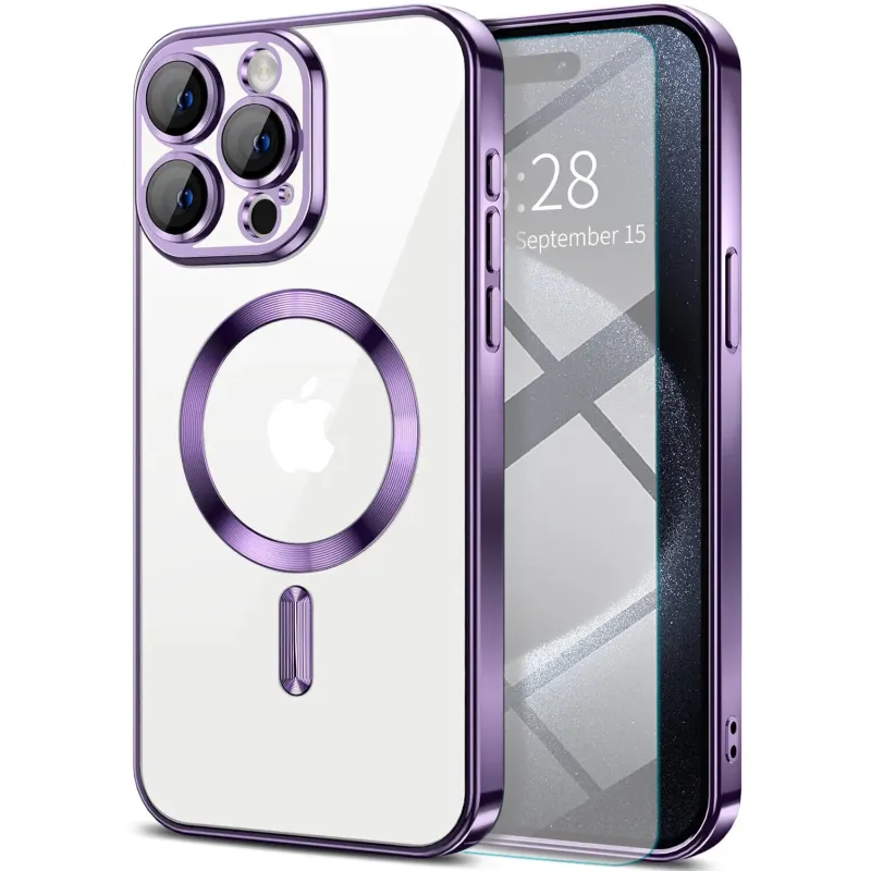 IPhone 15 Pro-Paarse Magsafe hoesje met camera lensbeschermer.