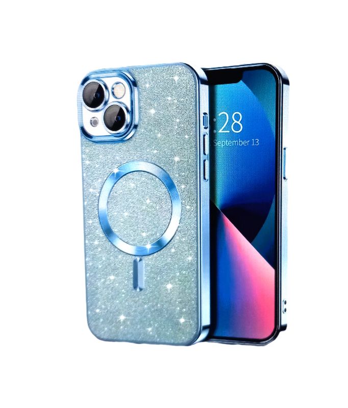 IPhone 15 Plus blauwe glitter MagSafe hoesje met camerabescherming