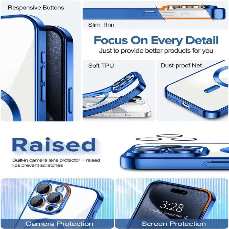 IPhone 15 plus blauwe MagSafe hoesje met camera lensbeschermer