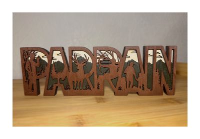 Décoration bois «parrain» mot relief thème chasse