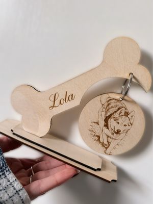 Support os avec suspension photo chien en gravure