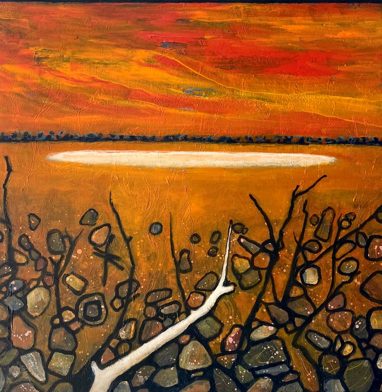 Original square painting of brilliant orange and yellow sunset over red stony landscape with white salt lake, dead tree and rock patterns.  Gorgeous Kate Owen landscape artwork
