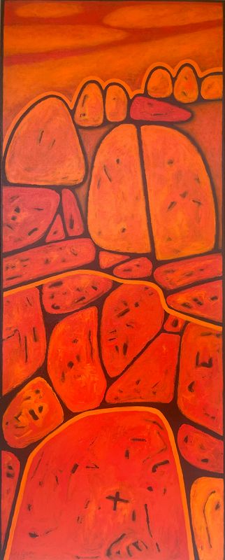 Central Australian Karlu Karlu or Devil&#39;s Marbles landscape. Mystical Aboriginal ancient site: Granite boulders in stark vibrant oranges, and black.