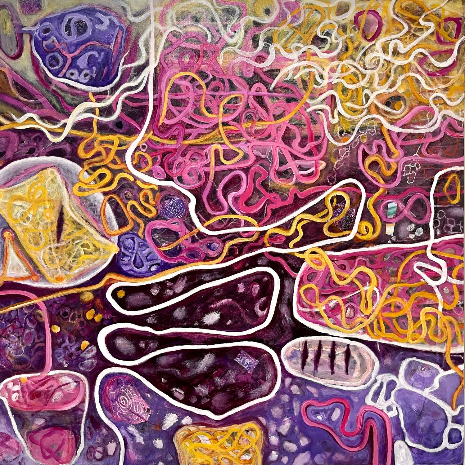  Kate Owen abstract self portrait, finalist in Noosa Art Prize.  Brightly coloured orange, yellow, pinks, purples and white in highly original and interesting design. Quirky and detailed Original Painting.