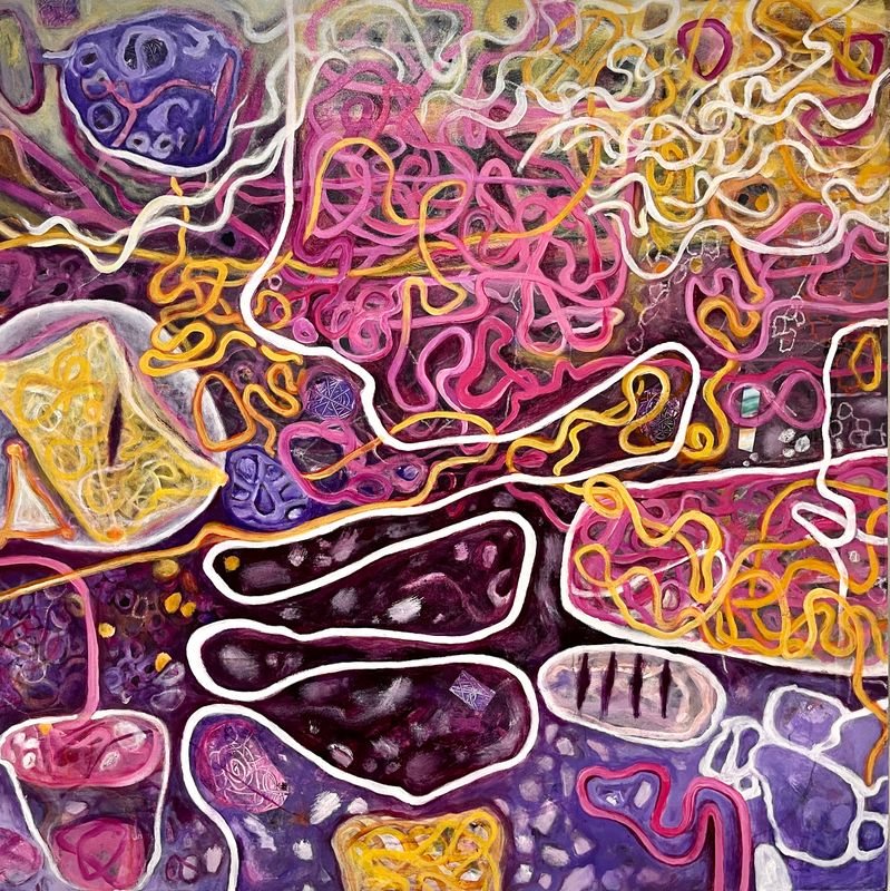  Kate Owen abstract self portrait, finalist in Noosa Art Prize.  Brightly coloured orange, yellow, pinks, purples and white in highly original and interesting design. Quirky and detailed Original Painting.