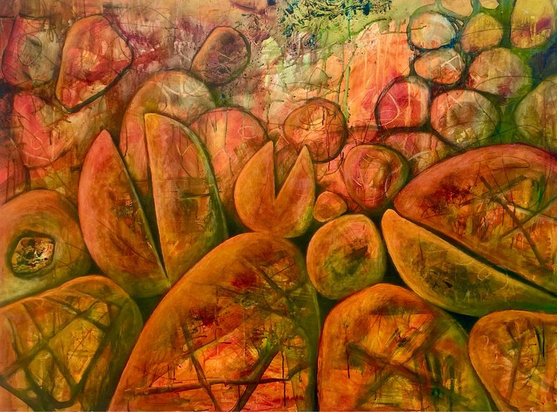 Aboriginal site Devil&#39;s Marbles artwork, with jumbled granite boulders layered in contrasting orange and green colours. This is a stunning, stylish and powerful fine art print.