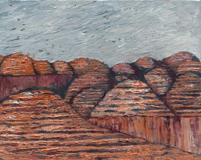 Highly textured fine art print of the amazing bee-hive formation landscape at Kings Canyon (Watarrku) near Uluru, Northern Territory, Australia. Terracotta rock colours and pale grey skies.