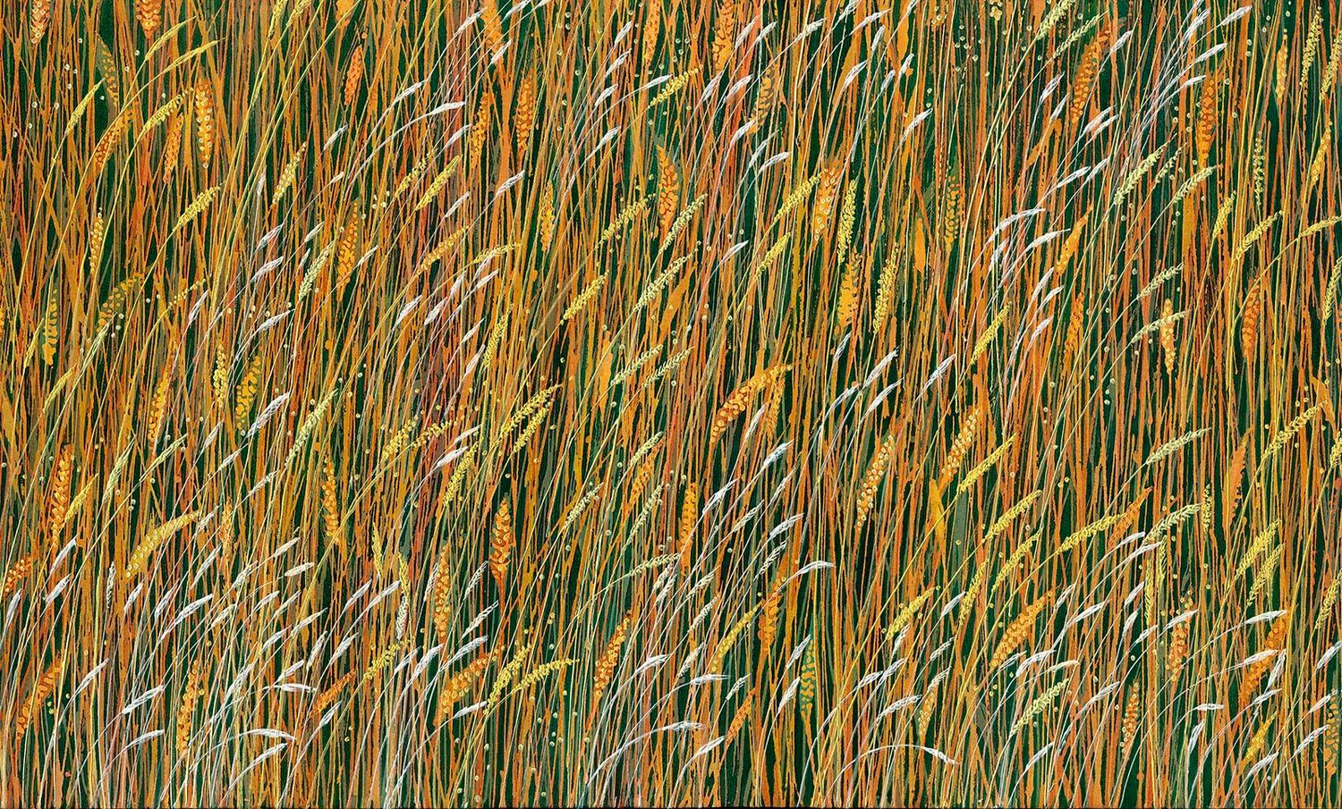 Beautiful close-up detailed painting of very long grass with seed heads in golden summer colours; a mixture of pale greens, golds and orange hues.  A large and very relaxing fine art print for your home,