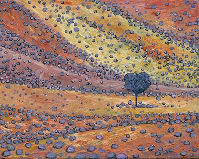 This is a beautiful yellow, orange, and violet Central Australian landscape.  The gorgeous outback Australia colours and the highly textured brush strokes make this fine art Limited Edition print an attractive addition to your home.