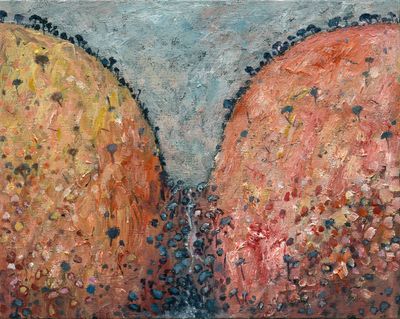 This brightly coloured fine art print of Simpsons Gap, Central Australia is so sharply textured that every brush stroke is clearly visible. The beautiful outback country colours are stunning