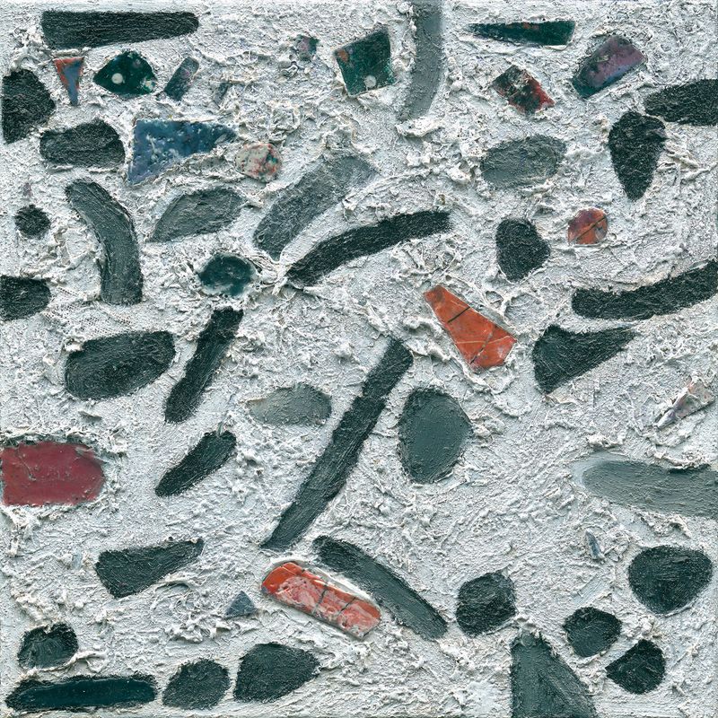 Very highly textured abstract fine art print of aggregate pattern in a footpath. This print is impossible to distinguish from the original with its amazing sharp deep texture and embedded encaustic wax pieces.