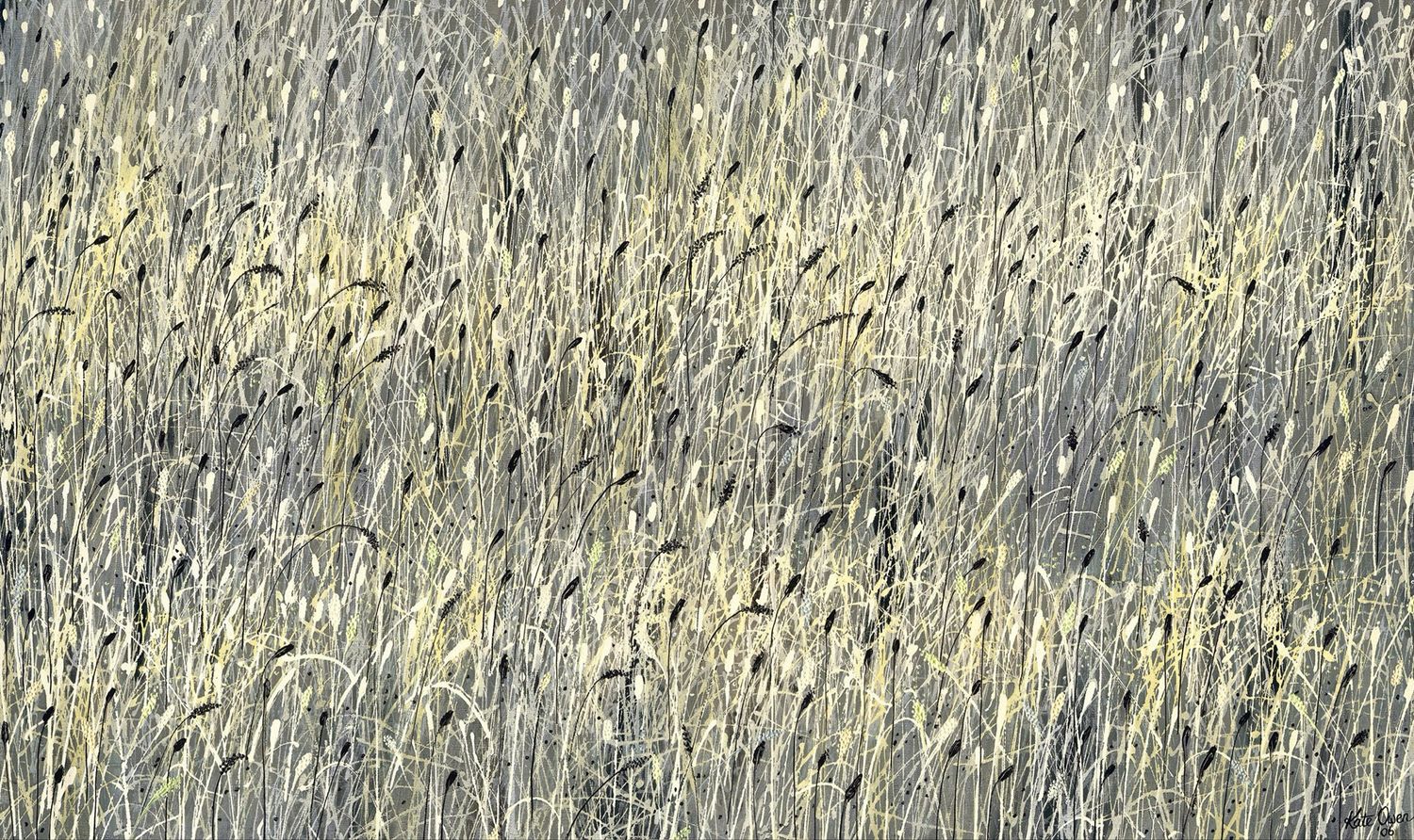 Beautiful close-up detailed painting of very long grass with seed heads in natural dry summer colours; pale yellows, golds and grey.  A large and very relaxing fine art print for your home,