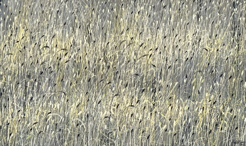 Beautiful close-up detailed painting of very long grass with seed heads in natural dry summer colours; pale yellows, golds and grey.  A large and very relaxing fine art print for your home,