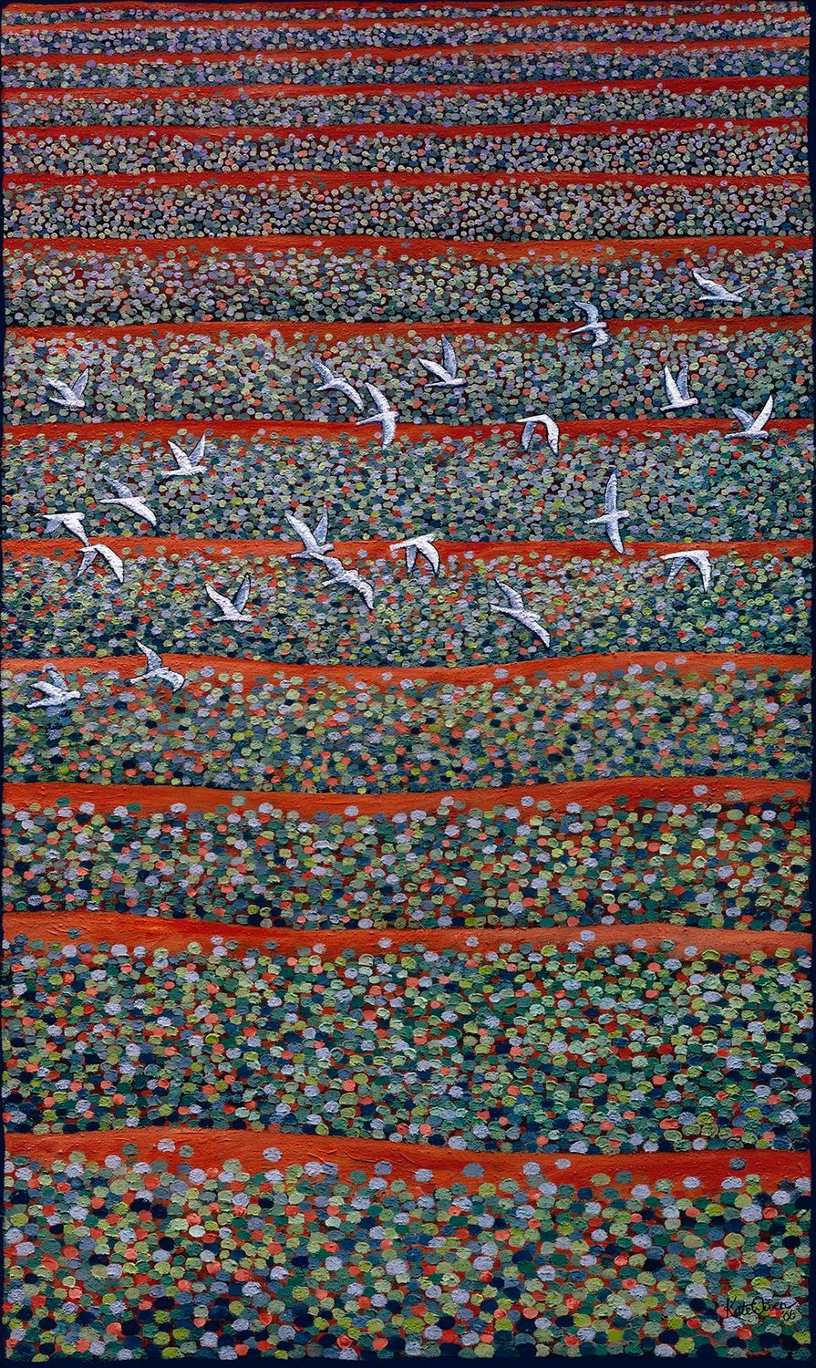 Simpson Desert red sand dunes covered in dotted green spinifex plants lie beneath a flock of white cockatoos flying across this arid and colourful landscape.  Limited Edition fine art print.
