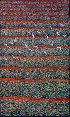 Simpson Desert red sand dunes covered in dotted green spinifex plants lie beneath a flock of white cockatoos flying across this arid and colourful landscape.  Limited Edition fine art print.