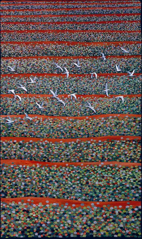 Simpson Desert red sand dunes covered in dotted green spinifex plants lie beneath a flock of white cockatoos flying across this arid and colourful landscape.  Limited Edition fine art print.