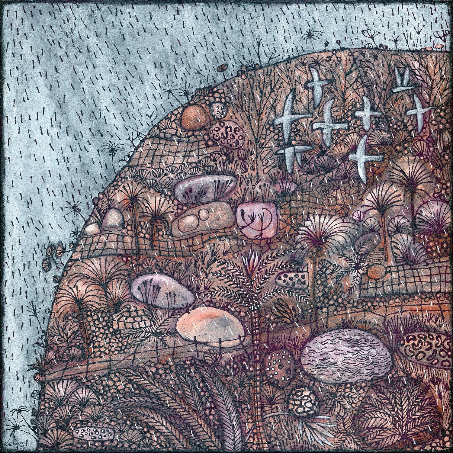 In Palm Valley, a stunning square fine art print (small or large) with detailed hillside against white rainy sky. White cockatoos fly across the ancient landscape covered with ferns, fossils, and stone formations in black line-work against blended earth colours.