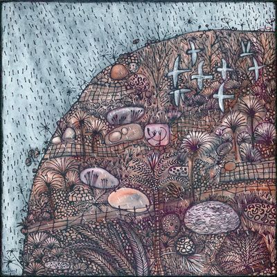 In Palm Valley, a stunning square fine art print (small or large) with detailed hillside against white rainy sky. White cockatoos fly across the ancient landscape covered with ferns, fossils, and stone formations in black line-work against blended earth colours.